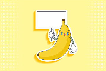 CRYING, SAD, SOB, CRY Face Emotion. Holding Whiteboard Handgun Gesture. Banana Fruit Cartoon Drawing Mascot Illustration.