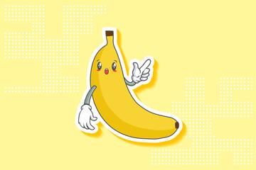 WOW, SURPRISED, AMAZED, DISMAY Face Emotion. Forefinger Handgun Gesture. Banana Fruit Cartoon Drawing Mascot Illustration.