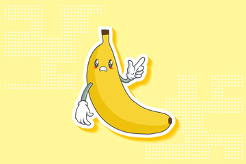 ANGRY, MAD, BAD MOOD Face Emotion. Forefinger Handgun Gesture. Banana Fruit Cartoon Drawing Mascot Illustration.