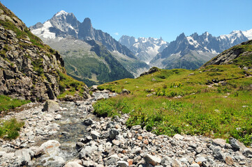 Aiguille Verte, Grandes Jorasses and Mer de Glace on the way down from the Lac Blanc above Chamonix.