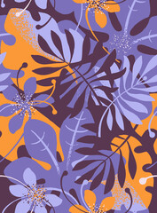 Modern jungle seamless pattern. Contemporary collage of exotic plants. Trendy flat style vector illustration. Tropical theme background template.