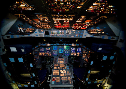The space shuttle Atlantis flight deck all powered up at Kennedy Space Center, Florida