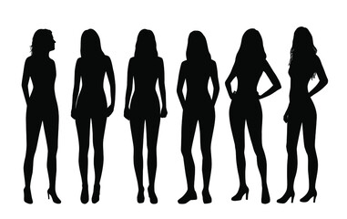 Silhouettes of a women standing in different poses,  business people,vector illustration, black color, isolated on white background