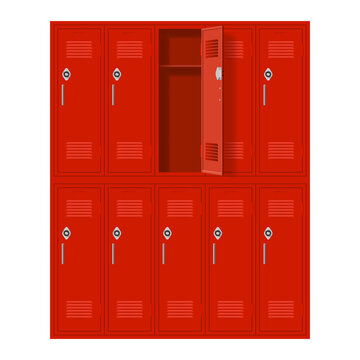 Red Metal Cabinets with One Open Door. Lockers in School or Gym with Handles and Locks. Safe Box with Doors, Cupboard, and Compartment
