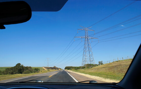 Passenger Point Of View Of The Car From An Electricity Tower.