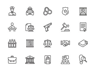 minimal law justice line icon set