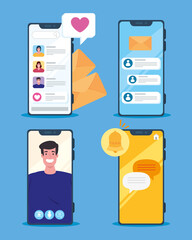 set scenes of online chat in smartphones of young people, social media concept vector illustration design