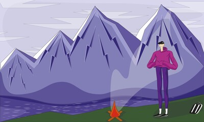 Explorer stands in front of bonfire,looking straight,mountains and blue sky landscape behind him.Cartoon flat illustration concept of journey,exploration,discovery,hiking,adventure,tourism,travel,trip