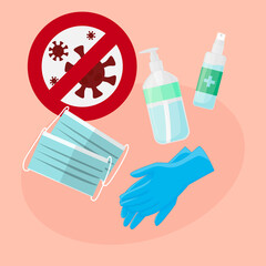 A set of disinfectants to protect against coronavirus. latex gloves. antiseptic. soap. medical mask