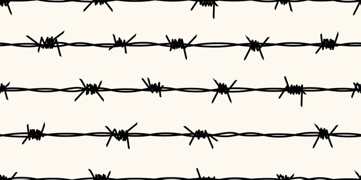 Barbed wire silhouettes seamless pattern. Vector background of steel black wire barb fence. Concept of protection, danger or security