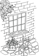 coloring a yard with a window and a chair, a brick wall, a flower in a pot, a branch with leaves, a contour drawing by hand