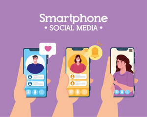 hands holding smartphones in video call, social media concept vector illustration design
