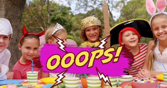 Oops text on speech bubble against group of kids in costumes