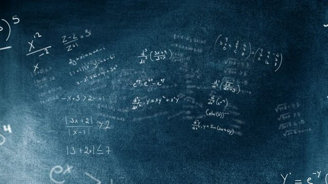 Mathematical equations moving against black board