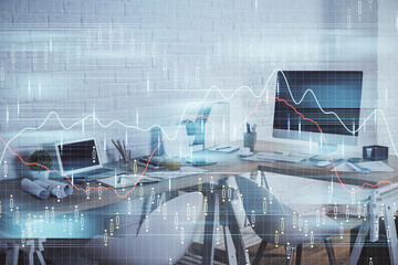 Multi exposure of stock market chart drawing and office interior background. Concept of financial analysis.