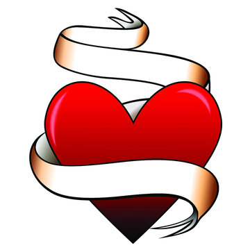 Heart with a blank ribbon in two stripes. Traditional tattoo of heart with ribbons isolated on white background. Vector illustration.