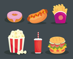 set of delicious fast food in gray background vector illustration design vector illustration design