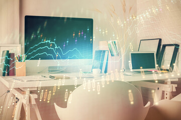 Fototapeta premium Double exposure of financial graph drawing and office interior background. Concept of stock market.