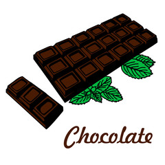 Vector illustration with chocolate bar and mint leaves and lettering.  Icon line isolated on clean background.