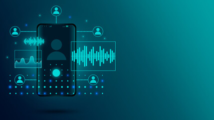 Smartphone providing communication between people and showing voice waves. Digital data security and security technology.