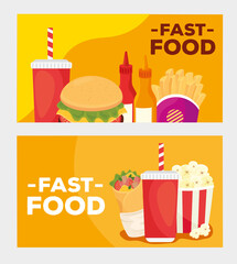 set of poster of delicious fast food vector illustration design