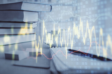 Double exposure of financial chart drawing and desktop with coffee and items on table background. Concept of forex market trading