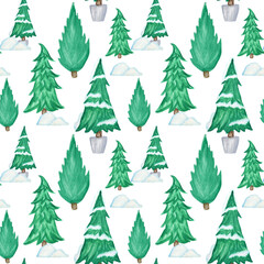 New Year Christmas tree watercolor Seamless pattern on white background. Hand drawn Illustration for vintage card, scrapbook paper, fabric design texture. Watercolor Winter nature illustration