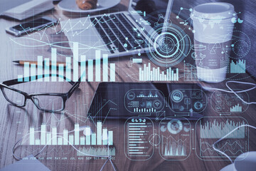 Double exposure of forex chart drawing and cell phone background. Concept of financial trading