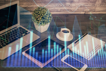 Double exposure of financial graph drawing and cell phone background. Concept of forex trading