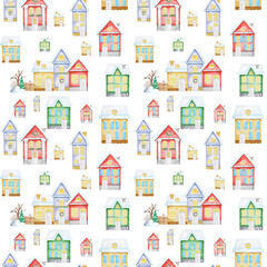 Fototapeta na wymiar Watercolor Christmas winter houses Seamless pattern. Kids cartoon House with wooden door, luminous windows, snow on the roof. Bright colors background for Card, scrapbook paper, fabric design texture