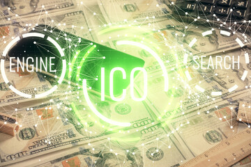 Multi exposure of crypto theme drawing over us dollars bill background. Concept of blockchain success.