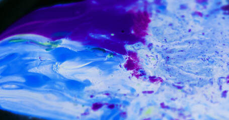 Naklejka na ściany i meble Macro paint creative unique image. Oil mixed dye, paint, macro images, in motion. Print, digital artwork, wallpaper, backgrounds, banners, cards, websites. Neon blue, purple, movement, vibrant