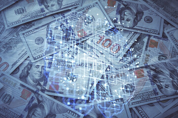 Double exposure of brain drawing over us dollars bill background. Technology concept.