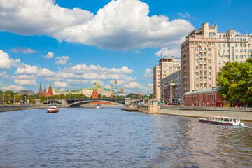 Fototapeta na wymiar View on the Moscow river, Prechistenskaya and Bersenevskaya embankments, 