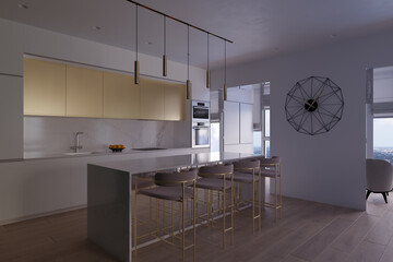 3D render of a kitchen with environment lighting. Kitchen interior design illustration in a modern style. Modern kitchen design ideas 2020