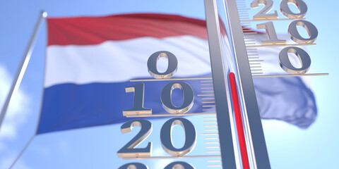 Thermometer shows 0 zero air temperature near flying flag of the Netherlands. Weather forecast conceptual 3D rendering