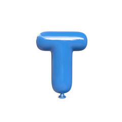 Blue glossy letter T made of inflatable balloon. 3d illustration