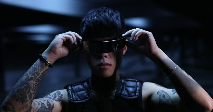 Cyber glasses. New fashion. The man wears glasses