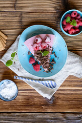 No bake raspberry cheesecake topped with fresh berries