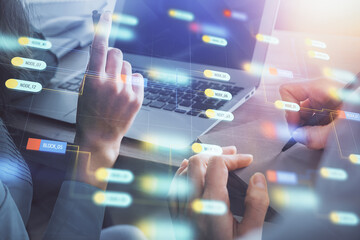 Double exposure of man and woman working together and technology theme drawing hologram. Big data concept. Computer background.