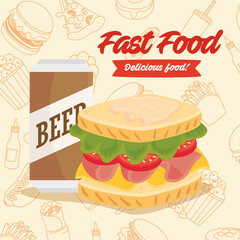 fast food poster, sandwich with beer in can vector illustration design