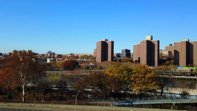 View of Harlem River in Upper Manhattan - Descending Crane Shot
