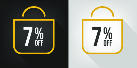 7% off. Black, white and yellow banner with seven percent discount. Shopping bag concept vector.