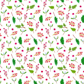 Christmas seamless pattern with branches, berries and leaves