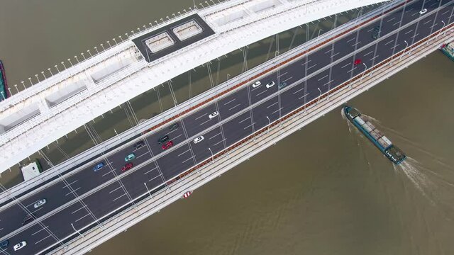 Aerial view of Lupu bridge in Shanghai China. Drone shot footage 4k(UHD).