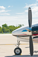 front view, close distance of the nose and propeller of a commercial, twin engine, airplane getting ready to take off from a tropical airport © reve15