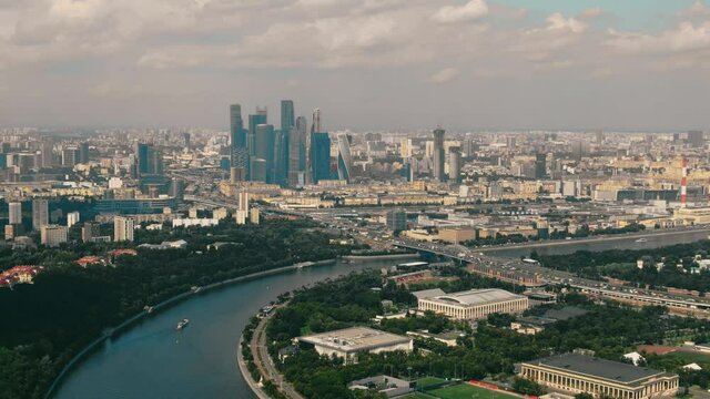 Aerial view of the skyline of Moscow involving the Moskva River, Russia