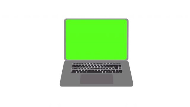 Animation of laptop computer with green screen, graphic mockup of notebook. Screen display for chroma key and keylight