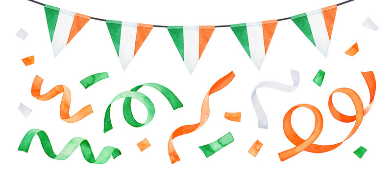 recommend clip art: Water color drawing of festive tricolor flag bunting and many flying party streamers. Orange, green and white colors. Hand drawn watercolour painting, cut out clip art elements for design decoration.