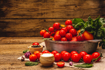 Assorted ripe multicolored tomatoes. Young garlic, fresh basil leaves, salt, spices